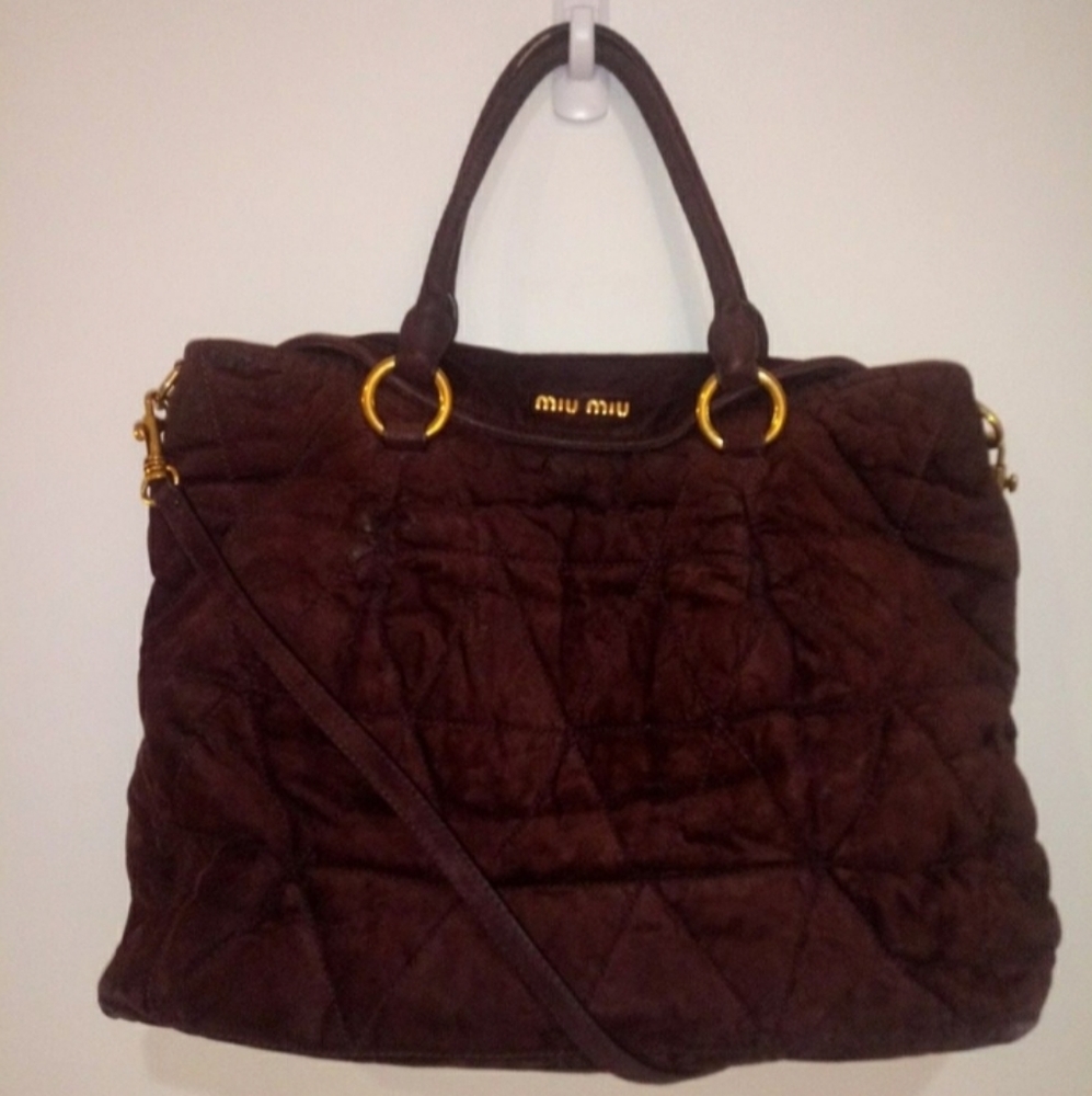 Miu Miu Suede Leather Quilted Large Shoulder Bag w/ Adjustable Strap-Dark Maroon